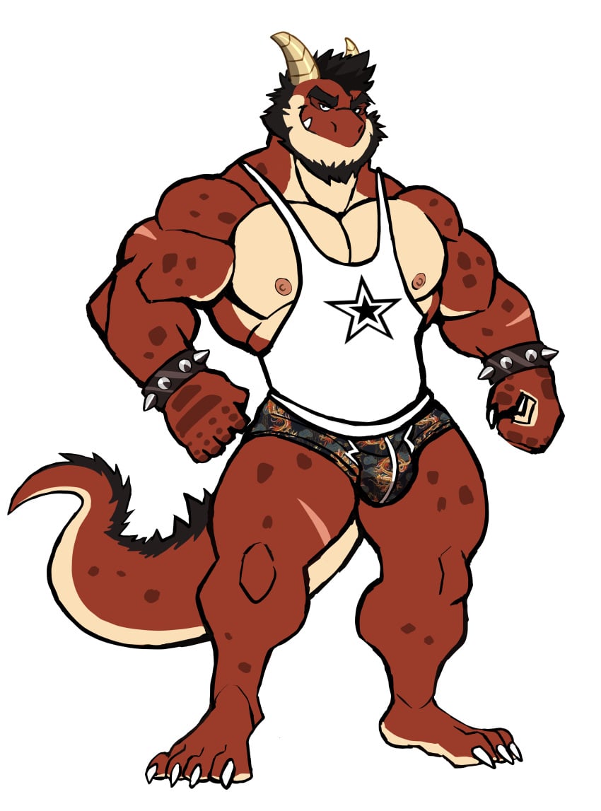 anthro balls bara barazoku bracelet bulge darknaigart dragon flaccid gay male male_only muscles muscular pantsless penis red_(darknaig) scalie solo solo_male spiked_bracelet underwear wingless_dragon