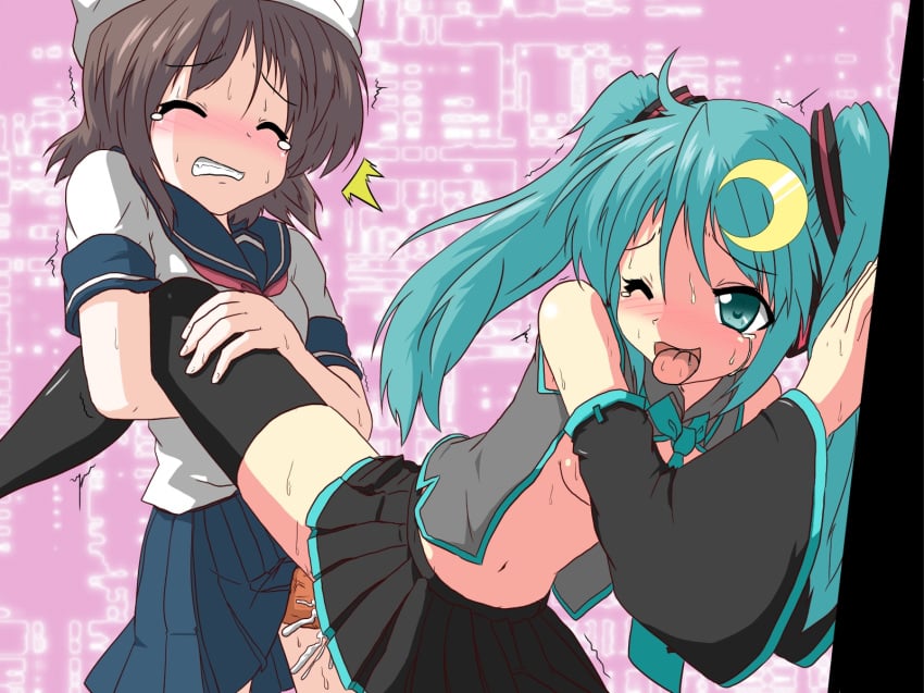 2girls aqua_hair blush brown_hair creampie cum cum_in_pussy detached_sleeves fictional_persona fucked_silly futa_on_female futadom futanari hatsune_miku helpless highres intersex leg_hold mikazuki_neko navel necktie open_clothes open_mouth open_shirt penis saliva school_uniform serafuku sex shirt skirt stockings sweat tears thighhighs tied_hair tongue trembling twintails veins veiny_penis vocaloid wince