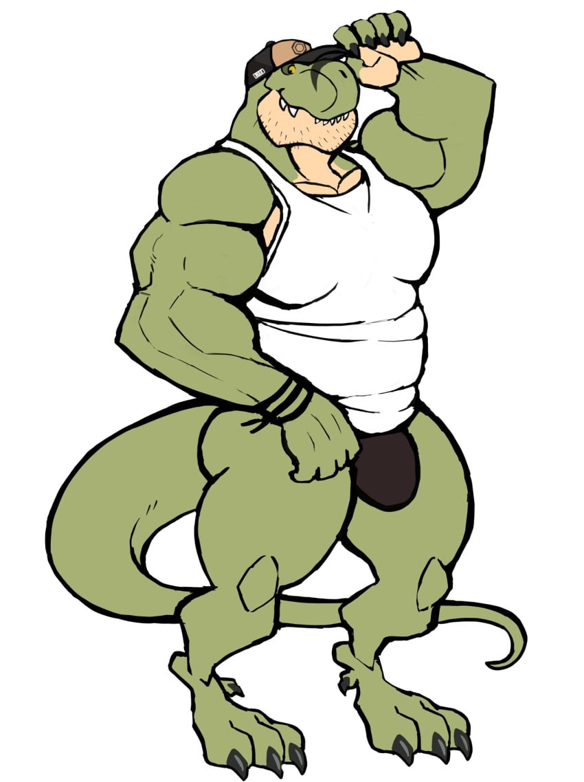 anthro balls bara barazoku bulge darknaigart dinosaur flaccid jace_(darknaig) male male_only muscles muscular pantsless penis scalie solo solo_male tyrannosaurid tyrannosaurus tyrannosaurus_rex underwear