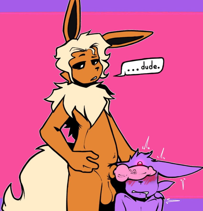 animal_genitalia anthro balls big_tail duo eeveelution embarrassed english_text espeon flareon fur generation_1_pokemon generation_2_pokemon genitals hi_res knot knotted_penis male male/male nintendo orange_body orange_fur penis penis_on_face pokemon pokemon_(species) purple_body purple_fur simple_background tail text yasterwolly