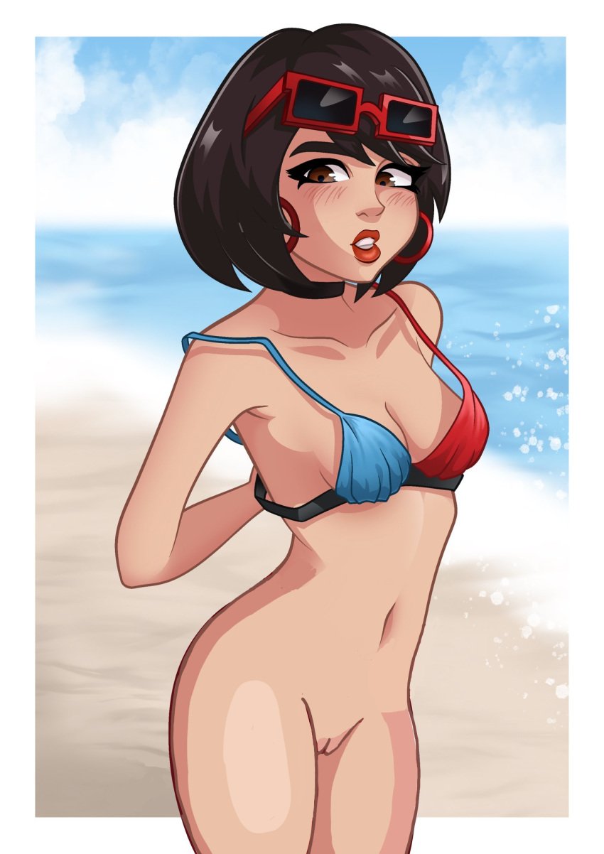 1girls arms_behind_back beach bikini black_hair blush earrings evie_(fortnite) fortnite fortnite:_battle_royale no_panties no_pants nude nudifydraws pussy sunglasses sunglasses_on_head swimsuit