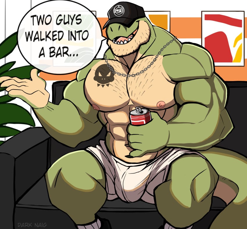 anthro balls bara barazoku bulge darknaigart dinosaur flaccid jace_(darknaig) male male_only muscles muscular penis scalie shirtless shorts sitting solo solo_male speech_bubble tyrannosaurid tyrannosaurus tyrannosaurus_rex