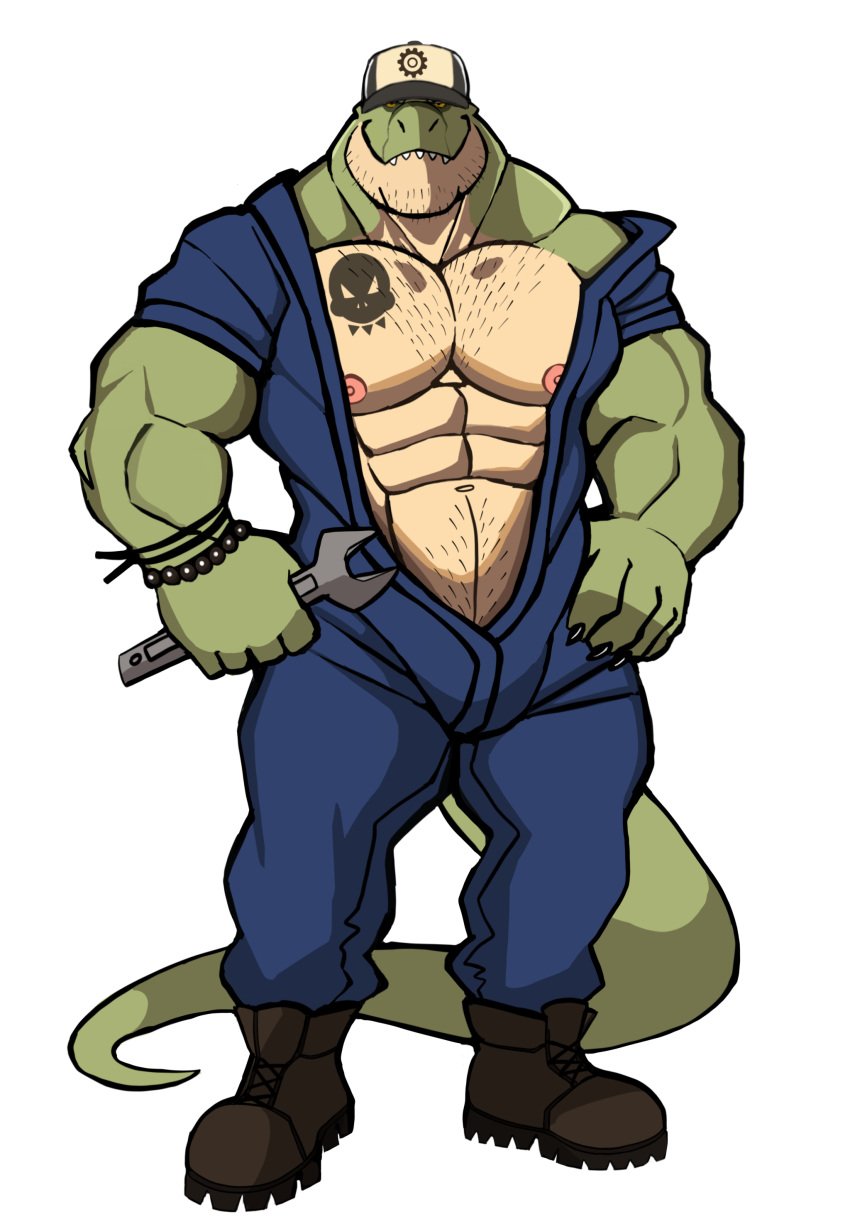 anthro balls bara barazoku bulge darknaigart dinosaur flaccid jace_(darknaig) male male_only mechanic muscles muscular open_clothes penis scalie solo solo_male tyrannosaurid tyrannosaurus tyrannosaurus_rex