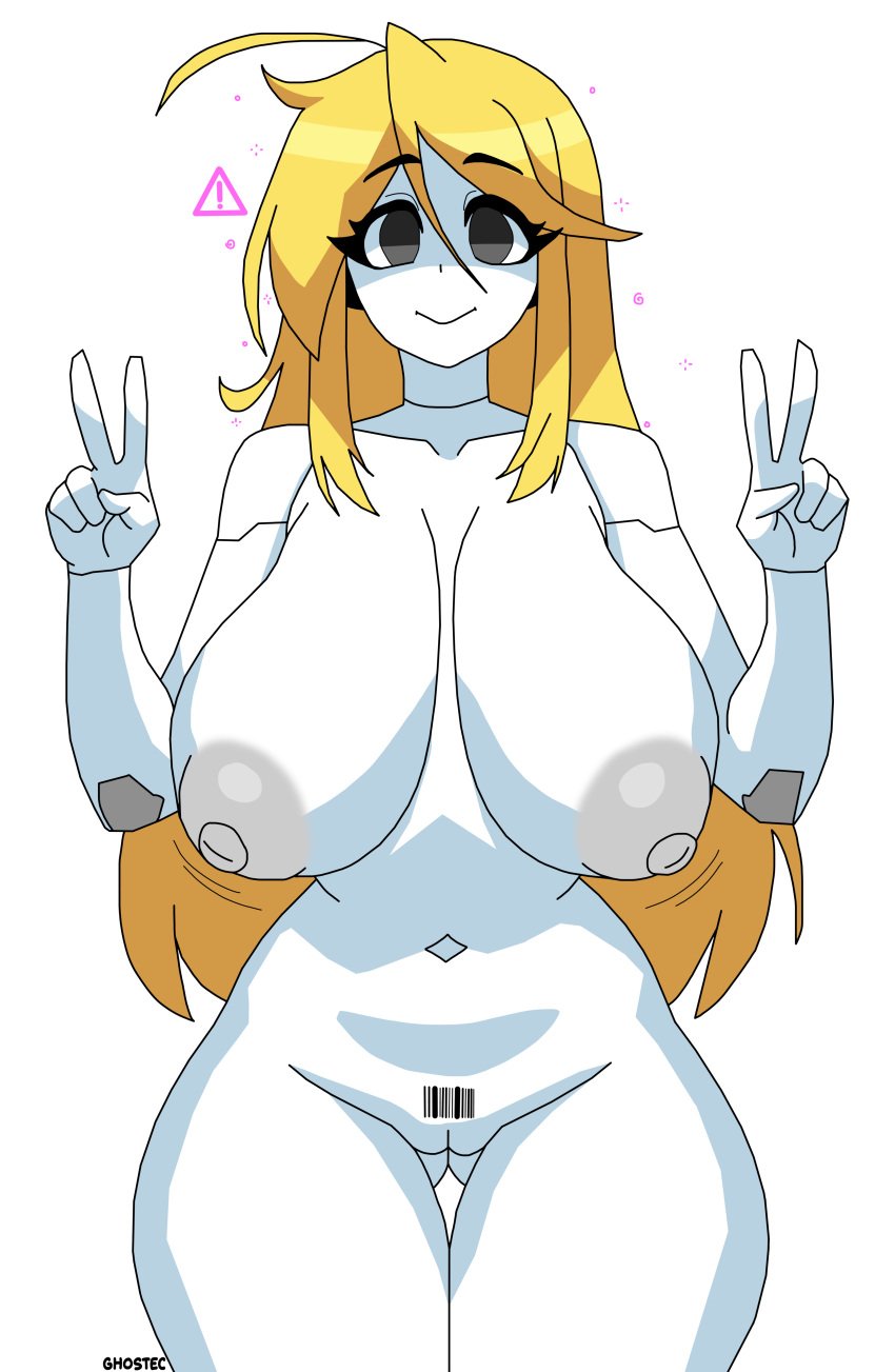 ahoge barcode bare_shoulders black_eyes blonde_hair bottomless brainwashing breasts cave_story crossed_eyes curly_brace direct_upload double_v empty_eyes female female_only femsub ghostec hacking huge_breasts huge_nipples hypnosis large_breasts long_hair mind_control navel nipples nude original peace_sign pussy robot robot_girl signature simple_background smile solo standing thick_thighs topless v white_background wide_hips