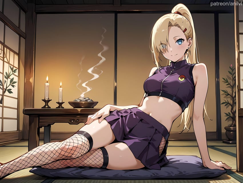 1girls ai_generated anilvl arm_support badge bangs bare_arms bare_shoulders blonde_hair blue_eyes blush breasts candle candlelight candlestand closed_mouth crop_top cushion earrings eyes_visible_through_hair feet_out_of_frame fire fishnet_thighhighs fishnets hair_ornament hair_over_one_eye hairclip hand_on_own_thigh high_ponytail indoors ino_yamanaka jewelry long_hair looking_at_viewer medium_breasts midriff miniskirt naruto naruto_(series) naruto_shippuden navel pillow pleated_skirt ponytail purple_shirt purple_skirt reclining shirt shouji sitting skirt sleeveless sleeveless_shirt smile smoke solo stomach table tatami thighhighs thighs yokozuwari zettai_ryouiki zipper zipper_pull_tab