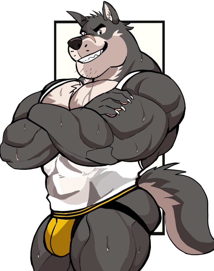 anthro balls bara barazoku bulge canine crossed_arms darknaigart flaccid furry gay jockstrap jockstrap_only male male_only muscles muscular pantsless penis scar solo solo_male sweat sweating underwear underwear_only