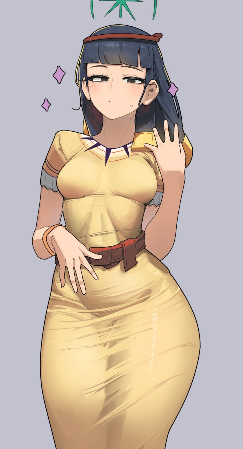 azz0422 blush breasts commission dress hi_res hips looking_at_viewer small_breasts sweatdrop thick_thighs thighs thin_waist tight_clothing wide_hips