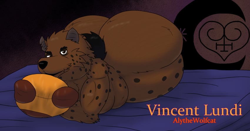 alythewolfcat anthro bed femboy furniture hi_res hyena lying lying_on_bed male mammal nude on_bed overweight overweight_male pillow pose solo spotted_hyena vincent_lundi