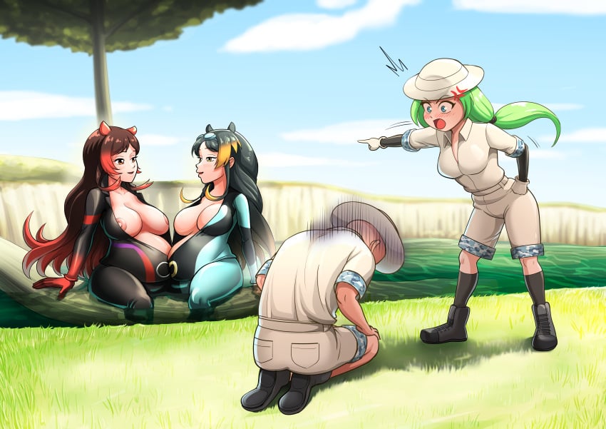 1boy 3girls 3girls1boy anger_vein animal_ears animal_girl anonymous_male belly_to_belly big_belly black_hair blue_eyes bodysuit boots breasts_exposed breasts_out camo_print clothed clothed_female clothed_male clouds commission commission_art commissioner_upload curvy cuuki0 exposed_breasts from_behind gloves gradient_hair green_hair hat hippopotamus_(kemono_friends) hippopotamus_ears hippopotamus_gorgops_(kemono_friends) huge_breasts in_water kemono_friends kemonomimi kneeling large_areolae large_breasts long_hair mirai_(kemono_friends) multicolored_body nipples orange_eyes outdoors pointing pointing_at_another pond pregnant pregnant_belly puffy_nipples red_eyes red_hair safari_hat shorts sitting socks swimming_goggles tagme tied_hair tree unzipped unzipped_bodysuit water yelling yelling_at_another yellow_hair