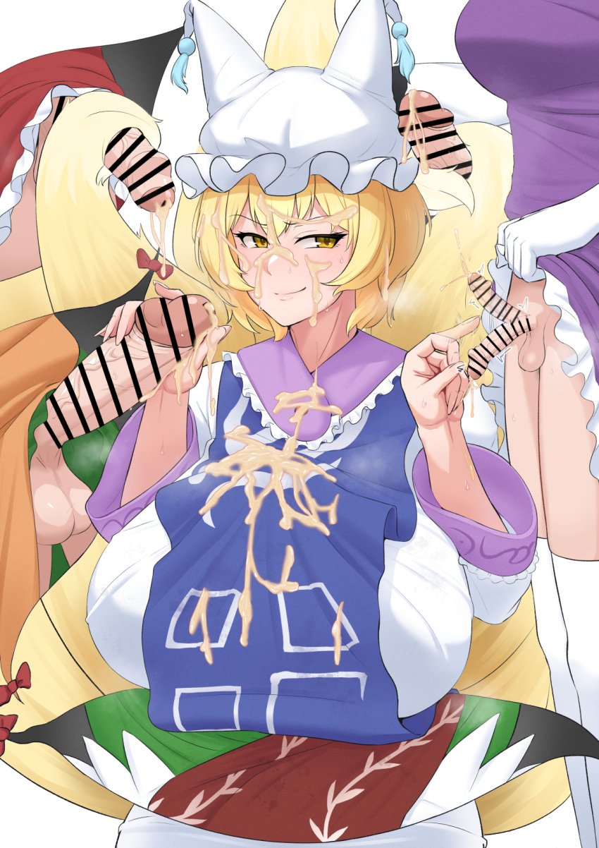 1girls 2d 5_futas after_ejaculation big_breasts big_penis bunsuirei censored cum cum_on_breasts cum_on_face cum_through_clothes female_on_futa flicking fox_ears fox_girl fox_tail fully_clothed gap_(touhou) handjob kasen_ibaraki kemonomimi kitsune leaking_cum lifting_skirt line_censoring marisa_kirisame now_you're_thinking_with_portals okina_matara paizuri paizuri_under_clothes ran_yakumo reimu_hakurei small_penis_humiliation smirk smirking sph tailjob tiny_penis touhou yukari_yakumo