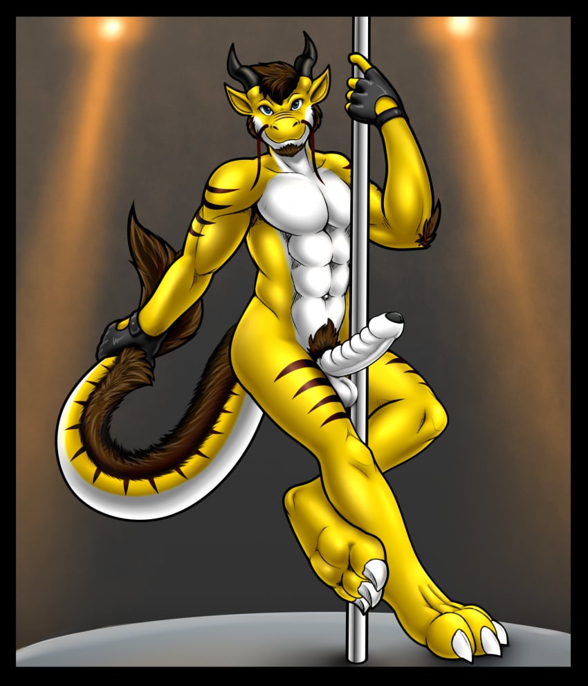 anthro_dragon balls brown_hair brown_stripes eastern_dragon muscles muscular naked penis pole_dancing resident_agd serith_abrasoka stripper white_abs white_pecs yellow_skin