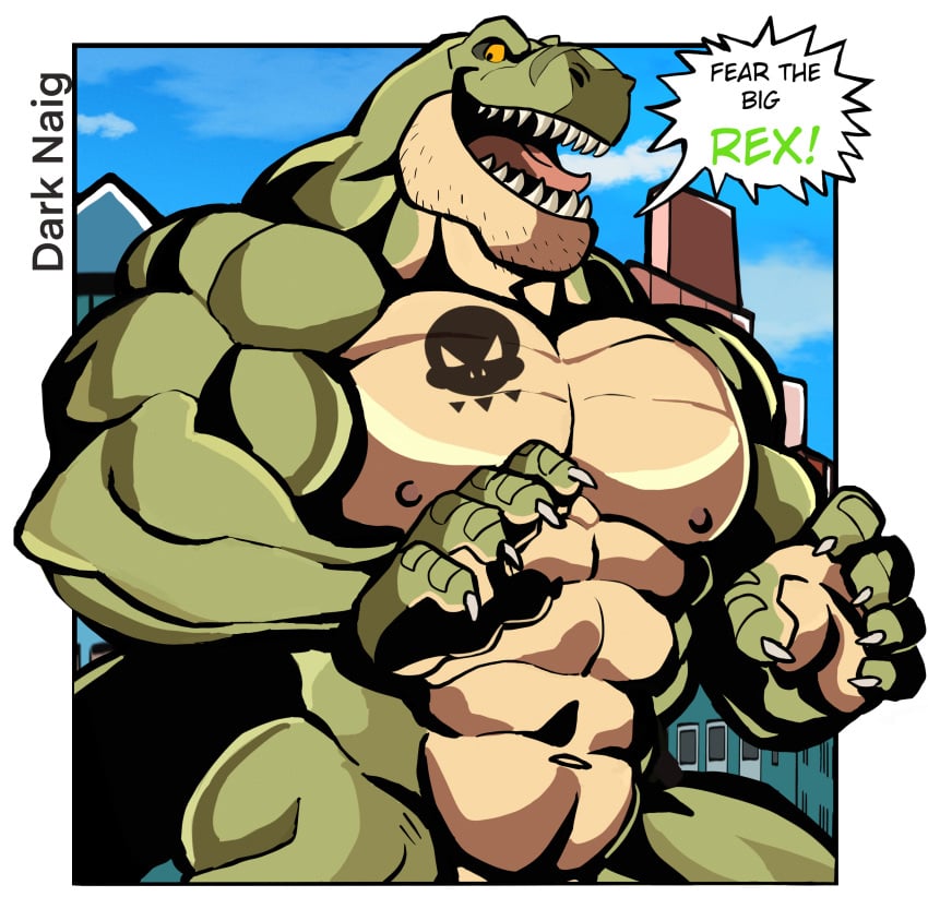 anthro bara barazoku darknaigart dinosaur jace_(darknaig) male male_only muscles muscular nude scalie solo solo_male speech_bubble tyrannosaurid tyrannosaurus tyrannosaurus_rex