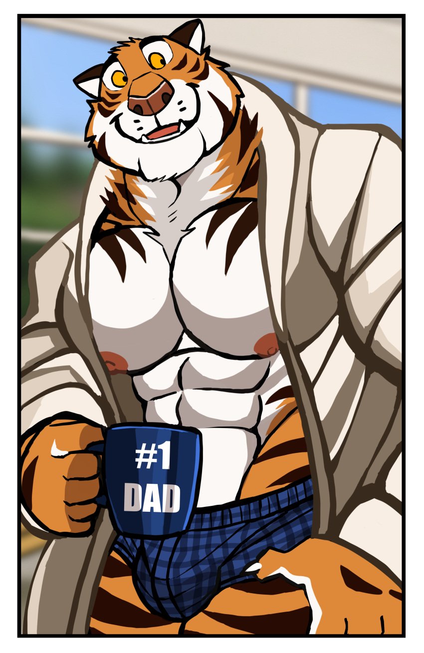 anthro balls bara barazoku bulge cup darknaigart dressing_gown flaccid furry gay male male_only mug muscles muscular penis solo solo_male tiger underwear