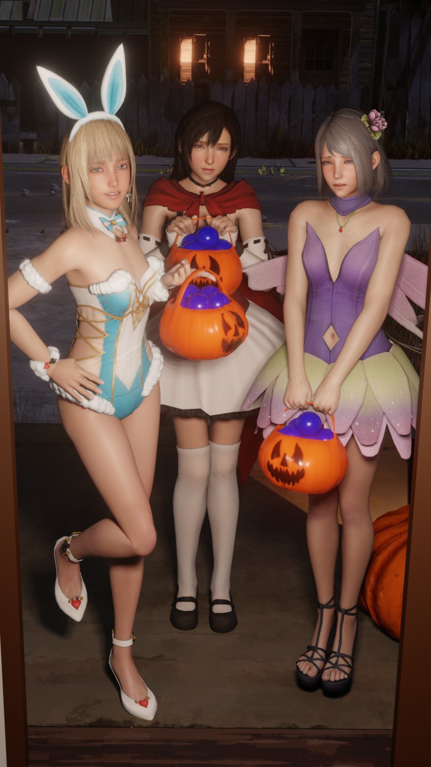 3d 3girls bunnysuit final_fantasy final_fantasy_vii final_fantasy_vii_remake final_fantasy_xv final_fantasy_xvi halloween_costume jill_warrick lazyprocrastinator lunafreya_nox_fleuret navel pumpkin red_hood thighhighs tifa_lockhart trick_or_treat