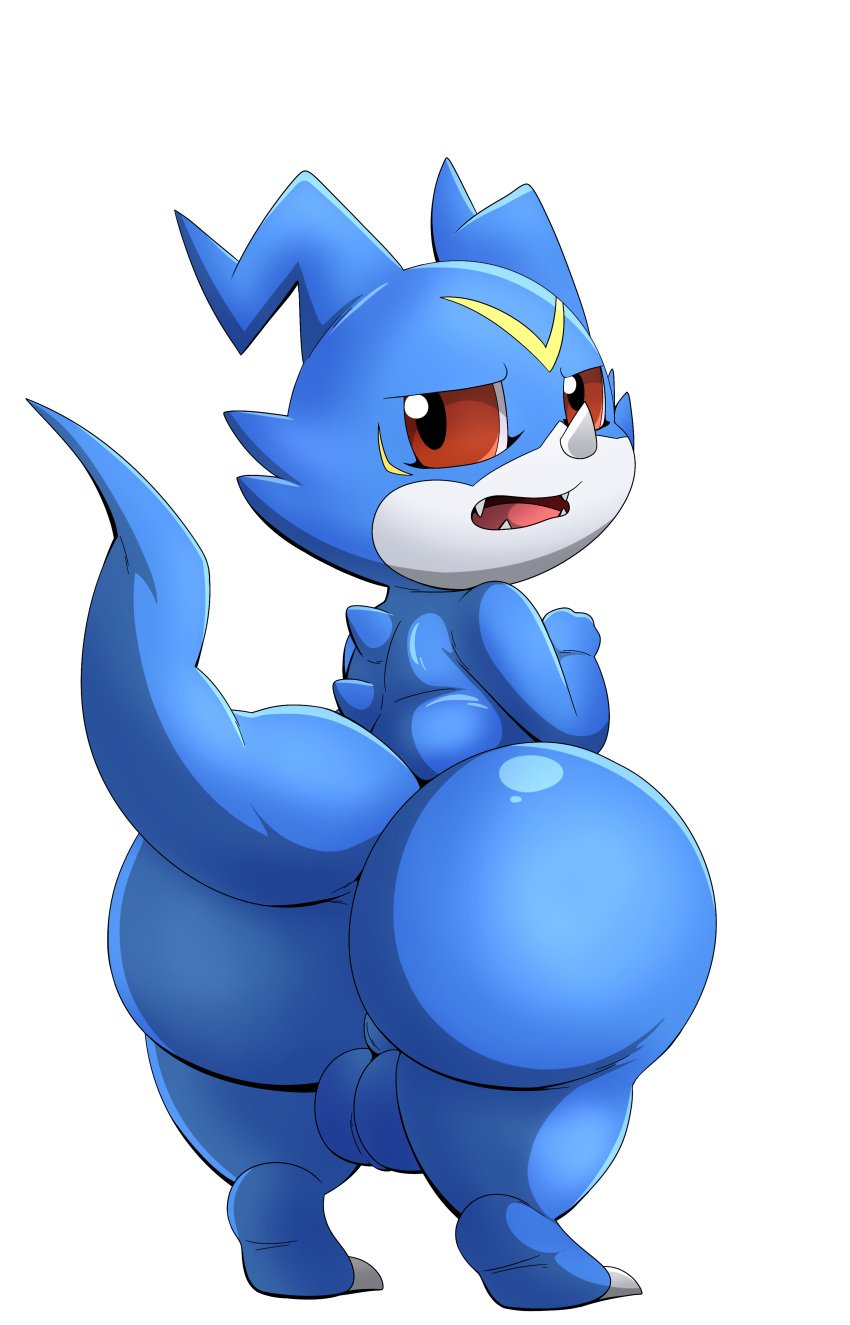 absurd_res alpha_channel annoyed anthro ass backsack balls bandai_namco big_butt claws digimon digimon_(species) fist genitals hi_res looking_at_viewer looking_back male raised_tail short_stack simple_background solo standing tail tepigfan101 transparent_background veemon