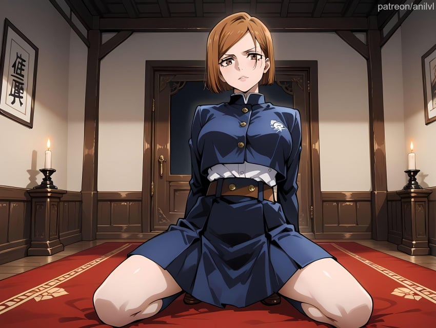 1girls ai_generated anilvl arms_behind_back bangs belt blue_jacket blue_skirt blue_socks breasts brown_belt brown_eyes brown_footwear brown_hair buttons candle candlelight candlestand carpet closed_mouth cropped_jacket door full_body high-waist_skirt indoors jacket jujutsu_kaisen jujutsu_tech_uniform kneehighs kneeling kugisaki_nobara large_breasts long_sleeves looking_at_viewer medium_breasts miniskirt parted_lips pleated_skirt school_uniform shirt short_hair sitting skirt socks solo spread_legs thighs white_shirt