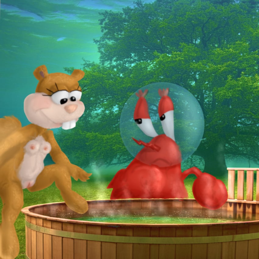 barefoot bath bathing breasts brown_fur brown_hair buckteeth claws completely_nude crab crustacean dome eyelashes feet furry groin helmet hot_tub jacuzzi legs long_eyelashes long_eyes mammal mousetache mr_krabs nickelodeon nipples nude paws red_shell sandy_cheeks spongebob_squarepants squirrel tree vagina water