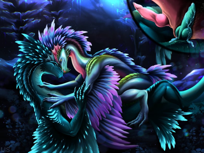 anal anal_sex anus blue_body blue_feathers blue_knot blue_penis blue_scales cutaway detailed_background dragon duo ellsilis erection feathers feral genitals hi_res internal internal_anal knot male male/male mythological_creature mythological_scalie mythology penetration penis pink_knot pink_penis rock_drake scales scalie