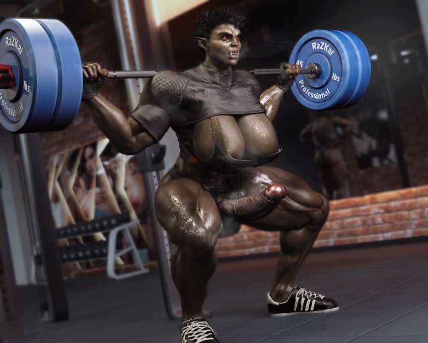 3d english_text futanari green_skin gym huge_breasts huge_cock indoors inside muscular muscular_futanari orc orc_futanari penis solo solo_futa weightlifting yungscumbag