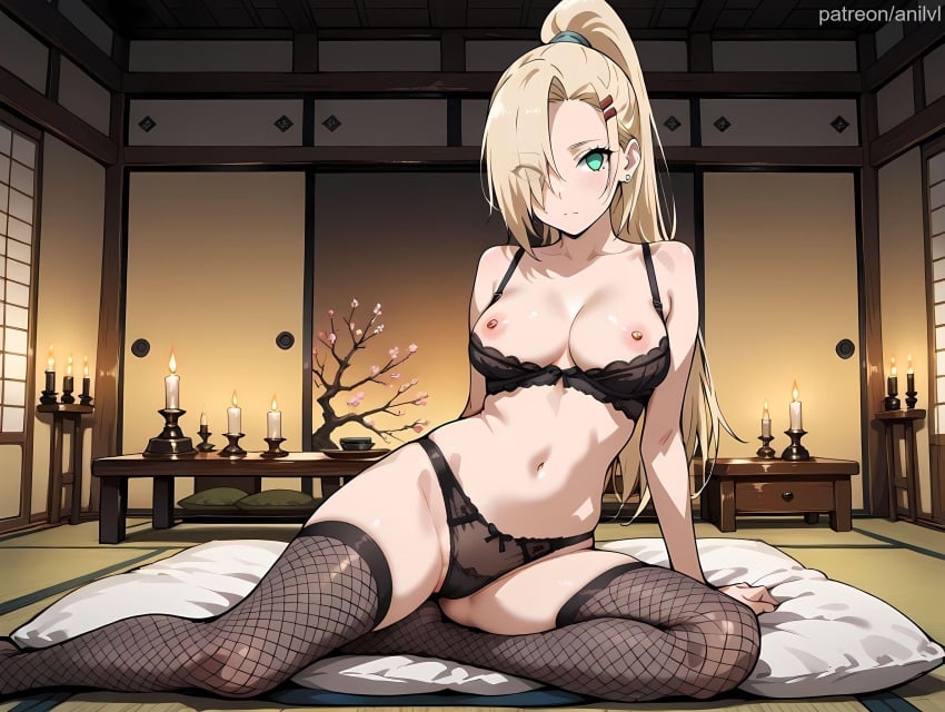 1girls ai_generated anilvl aqua_eyes arm_support bangs bare_shoulders black_bra black_panties black_thighhighs blonde_hair blush bra bra_pull breasts cameltoe candle candlelight candlestand cherry_blossoms closed_mouth clothes_pull collarbone cushion earrings eyes_visible_through_hair female_pubic_hair fishnet_thighhighs fishnets futon green_eyes hair_ornament hair_over_one_eye hairclip high_ponytail indoors ino_yamanaka jewelry large_breasts legs lingerie long_hair looking_at_viewer medium_breasts mole naruto naruto_(series) naruto_shippuden navel nipple_piercing nipples no_shoes panties piercing pillow ponytail pubic_hair pubic_hair_peek shouji sitting sliding_doors solo stomach tatami thighhighs thighs underwear underwear_only yokozuwari