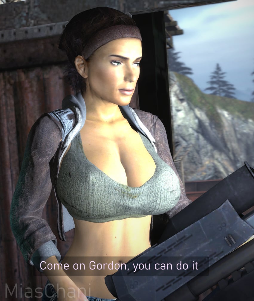 1girls 3d alyx_vance big_breasts black_hair bored bored_expression clothed curvy curvy_female curvy_figure female female_only half-life half-life_2 jacket jacket_open miaschani short_hair sniper_rifle solo solo_female text text_box tomboy top_heavy valve video_game video_game_character video_game_franchise video_games