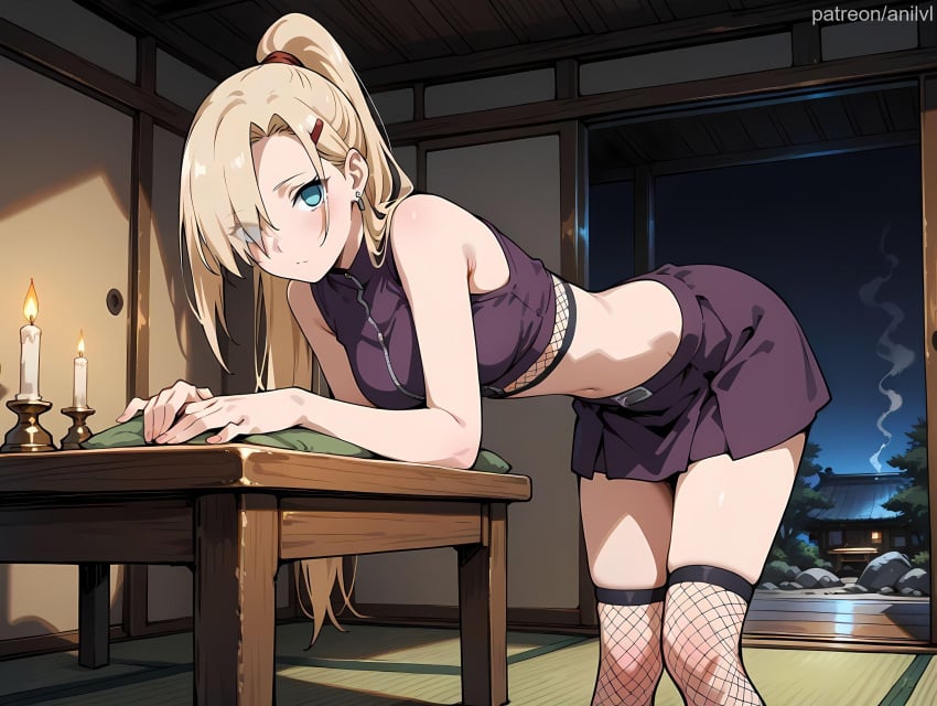 1girls ai_generated anilvl bangs bare_arms bare_shoulders belt bent_over black_shirt black_skirt blonde_hair blue_eyes blush breasts candle candlelight candlestand closed_mouth crop_top earrings eyes_visible_through_hair feet_out_of_frame fire fishnet_thighhighs fishnets hair_ornament hair_over_one_eye hairclip high_ponytail indoors ino_yamanaka jewelry leaning_forward long_hair looking_at_viewer medium_breasts midriff miniskirt naruto naruto_(series) naruto_shippuden navel night pleated_skirt ponytail purple_shirt purple_skirt shirt shouji skindentation skirt sleeveless sleeveless_shirt sliding_doors smoke solo standing stomach table tatami thighhighs thighs very_long_hair zettai_ryouiki