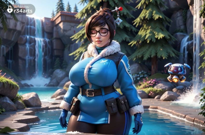 1girls ai_generated artist_name beads belt belt_pouch black-framed_eyewear blizzard_entertainment blue_gloves breasts brown_eyes brown_hair coat curvy fur_trim glasses gloves hair_bun hair_ornament hair_stick hi_res huge_breasts jacket large_breasts lips mei_(overwatch) outdoors overwatch overwatch_2 parka plump r34arts robot short_hair single_hair_bun solo thick_thighs tree utility_belt water waterfall winter_clothes winter_coat