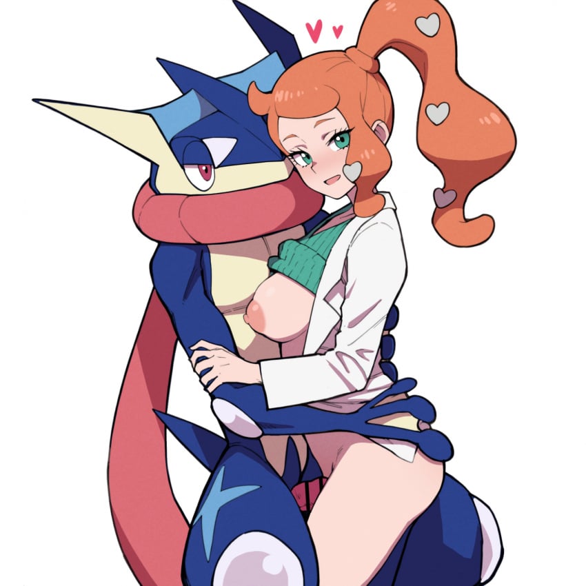 2024 anthro big_breasts blue_body blush breasts censored duo female generation_6_pokemon genitals greninja hair hentamonn hi_res human human_female human_on_anthro interspecies light-skinned_female light_skin looking_at_viewer male male/female mammal nintendo nipples orange_hair penis pokemon pokemon_(species) pokephilia sonia_(pokemon)