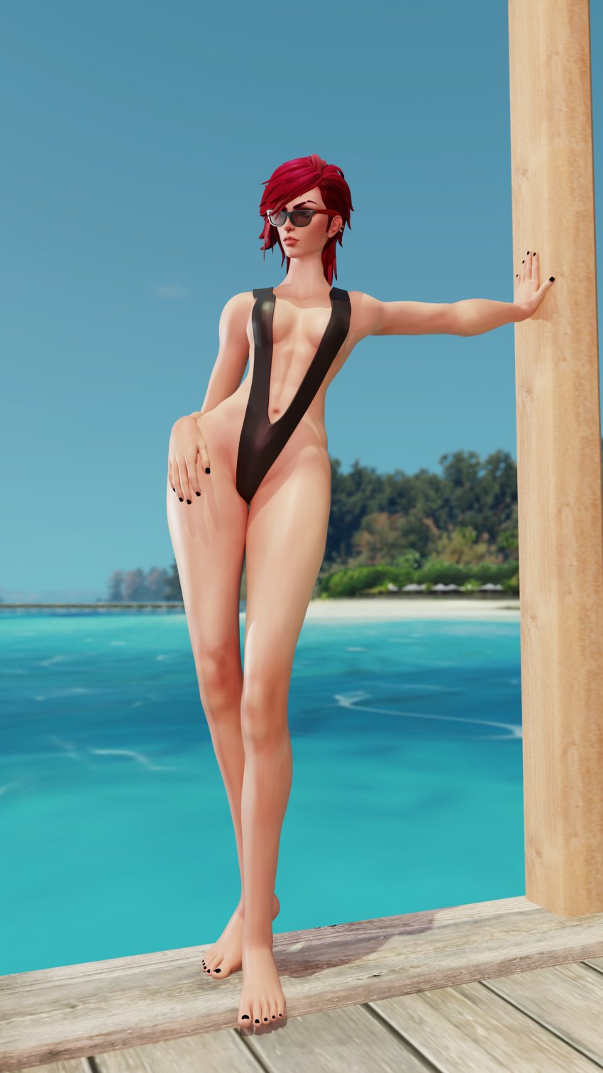 1girls 3d arcane beach black_nails black_toenails ebinpasta league_of_legends one-piece_swimsuit red_hair self_upload short_hair solo sunglasses tagme vi