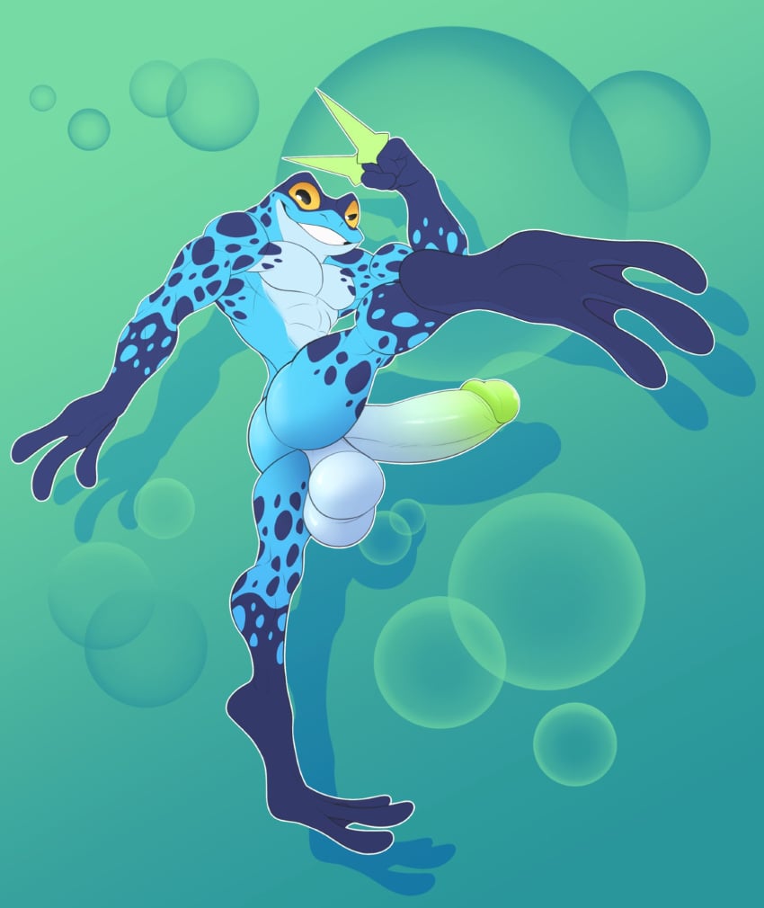 3_fingers 3_toes amphibian anthro ass athletic athletic_anthro athletic_male balls blue_body bubble digital_drawing_(artwork) digital_media_(artwork) erection feet fingers frog genitals hi_res humanoid_genitalia humanoid_penis looking_at_viewer male markings nude penis poison_dart_frog ranno redeyedgazer rivals_of_aether solo spots teeth toes