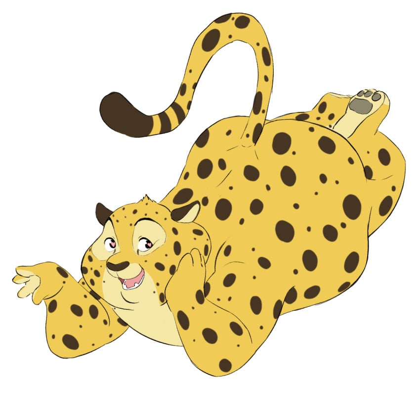 anthro ass benjamin_clawhauser big_butt cheetah disney feet felid feline heart_eyes heart_symbol hi_res hindpaw hypnokoo lying male male_only mammal nude on_front overweight overweight_male paws smile solo spots zootopia