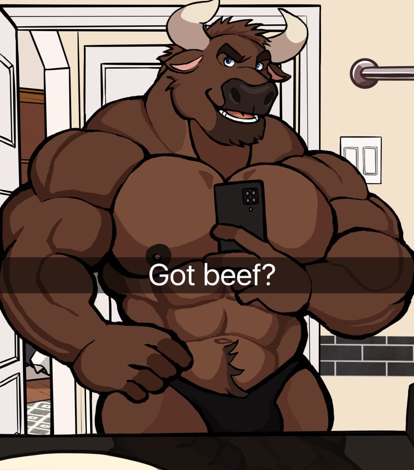 anthro balls bara barazoku blue_eyes bovid bovine bulge bull darknaigart flaccid furry gay half-dressed horns male male_only mirror_selfie muscles muscular nipples pecs penis question_mark selfie solo solo_male underwear underwear_only