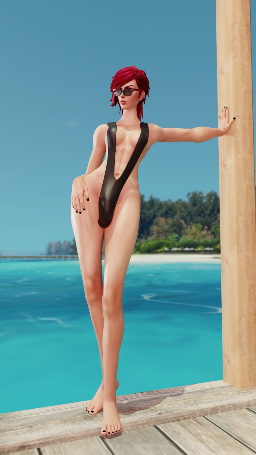 1futa 3d arcane beach black_nails black_toenails bulge ebinpasta futanari league_of_legends one-piece_swimsuit red_hair self_upload short_hair solo sunglasses vi