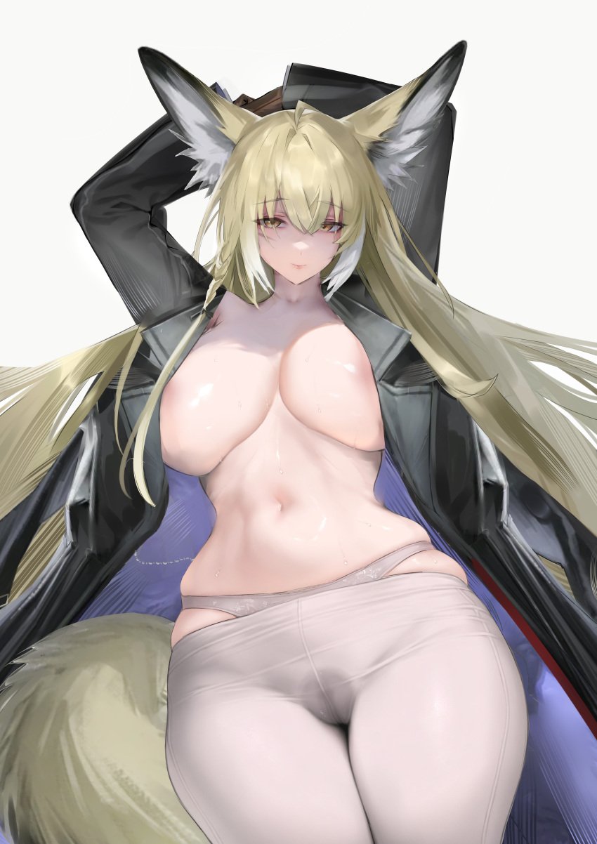 1girls alternate_version_at_source animal_ears areola_slip arknights artist_request cameltoe female hi_res huge_breasts no_bra panties suit sweat tail vulpisfoglia_(arknights)