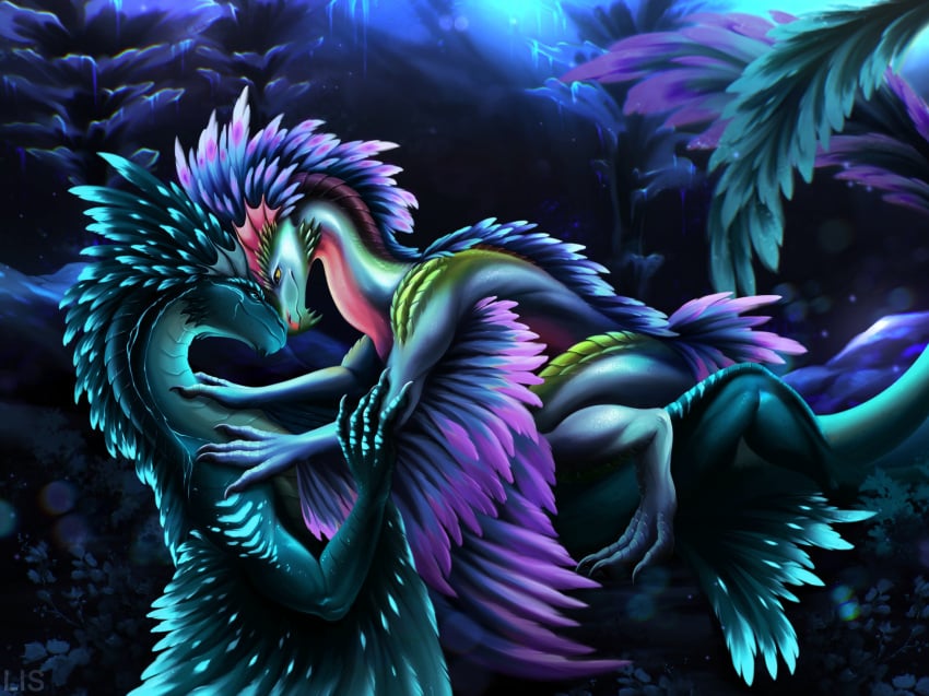 blue_body blue_feathers blue_scales detailed_background dragon duo ellsilis feathers feral hi_res male male/male mythological_creature mythological_scalie mythology rock_drake scales scalie