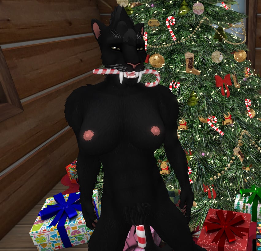 amani_the_shaman black_fur black_panther breasts candy_cane candy_cane_in_mouth candy_cane_in_pussy christmas_present christmas_tree fangs feline gold_eyes golden_eyes naked nipples nude pantheress pantherine panthress pearly_whites presents pubes pubic_hair pussy saberteeth sabertooth teeth vagina white_teeth