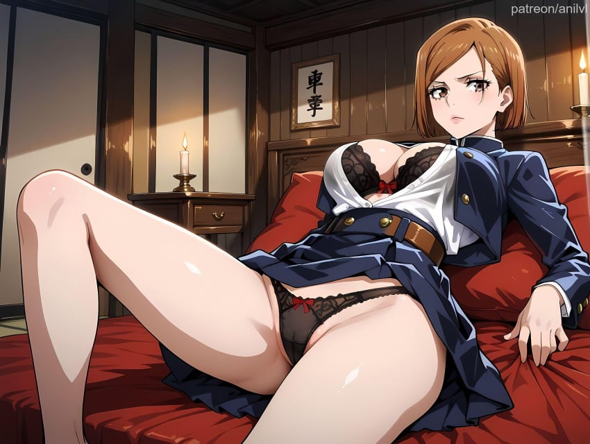 1girls ai_generated anilvl bangs bare_legs belt black_bra black_jacket black_panties blue_jacket blue_skirt blush bow bow_bra bow_panties bra breasts brown_belt brown_eyes brown_hair cameltoe candle candlestand cleavage closed_mouth clothes_lift cropped_jacket high-waist_skirt indoors jacket jujutsu_kaisen jujutsu_tech_uniform knee_up kugisaki_nobara large_breasts lips long_sleeves looking_at_viewer lying on_back on_bed open_clothes open_jacket open_shirt panties partially_visible_vulva pillow pleated_skirt red_bow school_uniform sheet_grab shirt shirt_tucked_in short_hair skirt skirt_lift solo spread_legs swept_bangs thighs unbuttoned underwear white_shirt