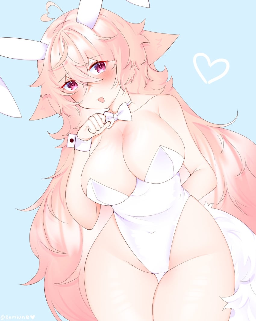 big_breasts bulging_breasts bunny_ears bunnysuit cleavage fox_girl hanging_breasts looking_at_viewer open_clothes pink_hair remiune slutty_outfit thick_thighs