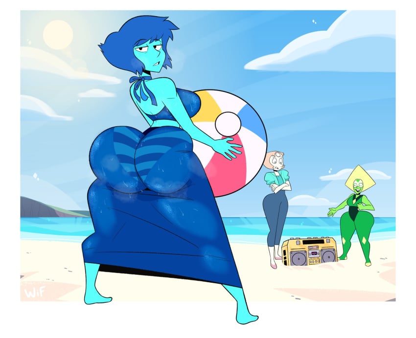 barefoot beach big_ass blue_skin dress gold_boombox_(prevence) green_skin lapis_lazuli_(steven_universe) panties pearl_(steven_universe) peridot_(steven_universe) steven_universe sweat sweating thighs weirdisfun