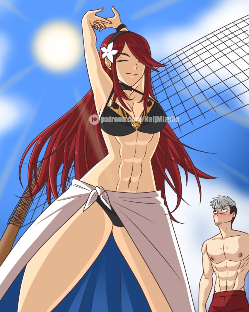 1boy 1girls abs beach bikini blush closed_eyes clothed leona_(naijmizuho) naijmizuho original_character pink_lipstick red_hair stretching tagme viewed_from_below volleyball volleyball_net white_hair