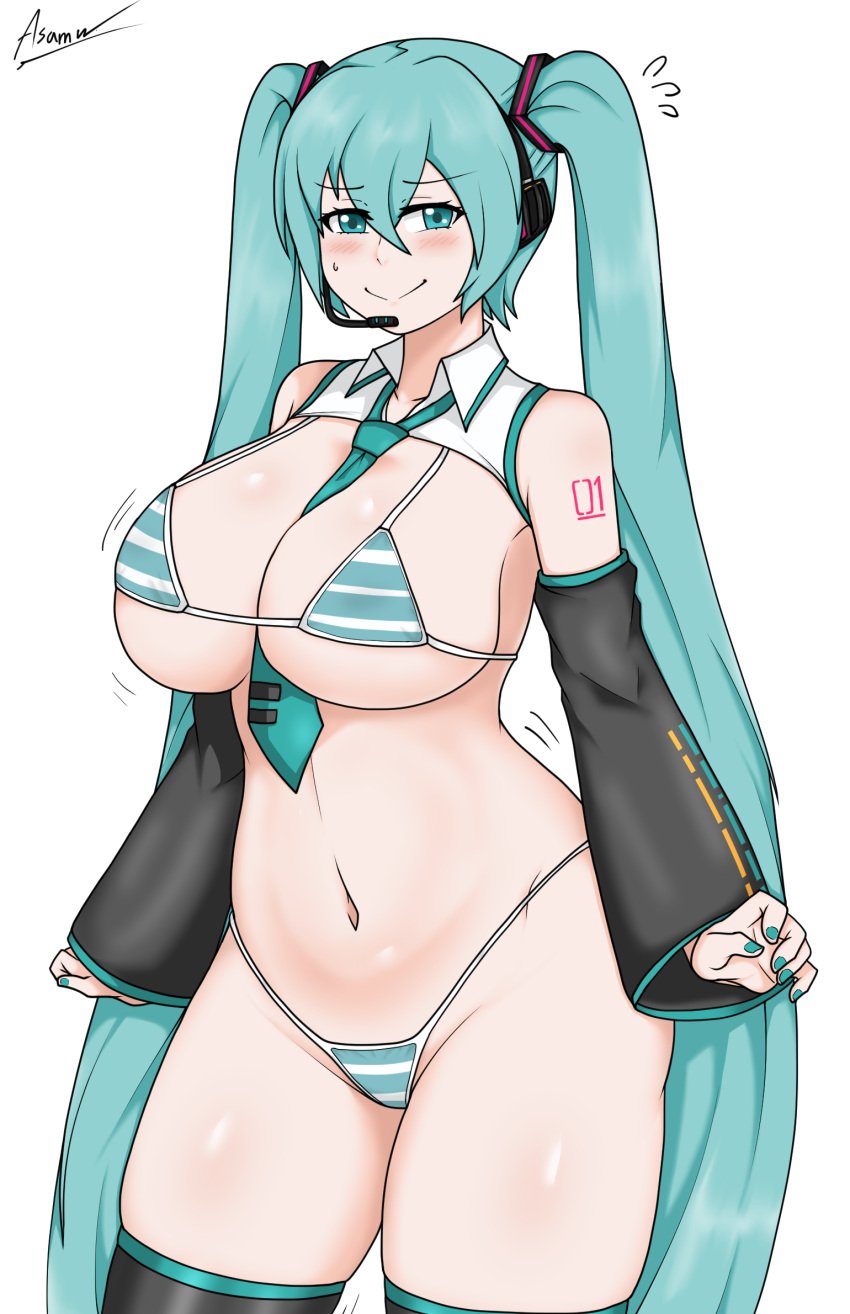 asamuayashi bikini blush curvy cyan_eyes cyan_hair female hatsune_miku hatsune_miku_(collared_bikini) hi_res legwear looking_at_viewer navel solo sweatdrop swimsuit twintails vocaloid white_background