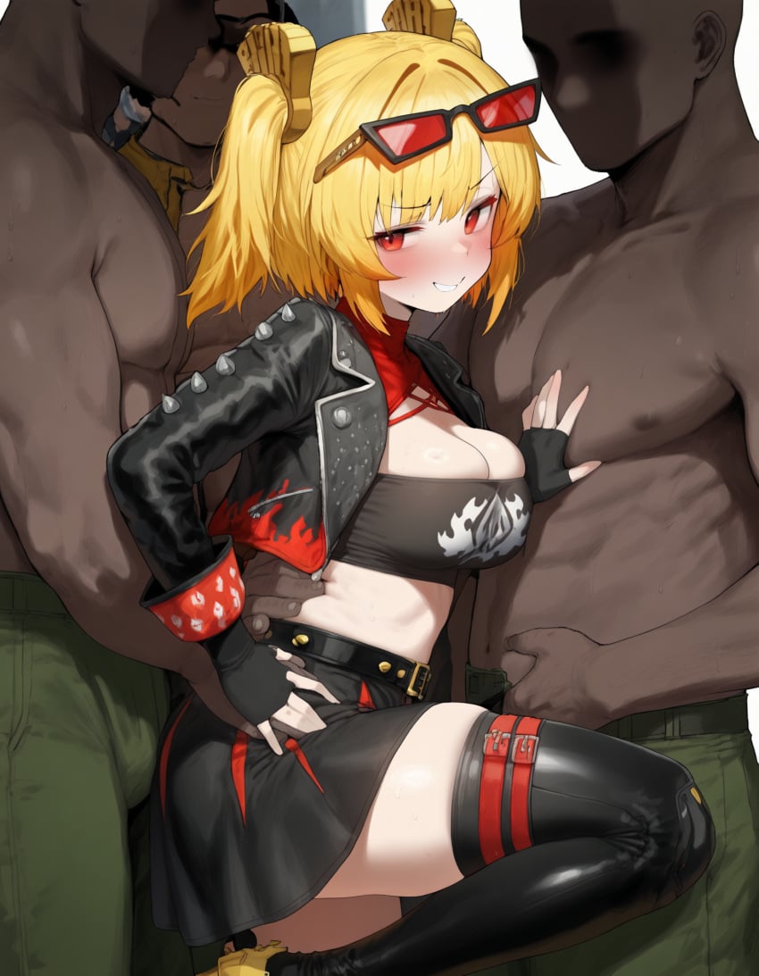 1girls ai_generated arm_around_waist black_jacket black_skirt blonde_hair boots breasts burnice_white cleavage cropped_jacket dark-skinned_male eyewear_on_head faceless_male fingerless_gloves from_side gloves hair_ornament hand_on_another's_chest hoyoverse imminent_gangbang interracial knee_up looking_at_viewer midriff mihoyo multiple_boys one_leg_up red_eyes sideways_glance size_difference skindentation smirk smug straight teeth thigh_boots thighhighs twintails waist_grab zenless_zone_zero