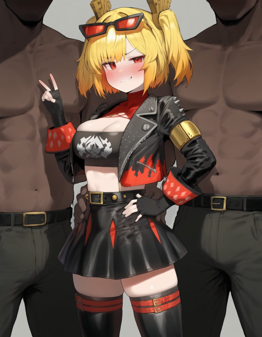 1girls ai_generated arm_around_waist black_jacket black_skirt blonde_hair breasts burnice_white cleavage cropped_jacket dark-skinned_male eyewear_on_head faceless_male fingerless_gloves gloves hair_ornament hoyoverse imminent_gangbang interracial looking_at_viewer mihoyo multiple_boys muscular_male peace_sign red_eyes size_difference skindentation smirk smug straight thighhighs twintails zenless_zone_zero