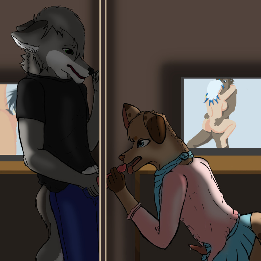 anthro both_sides canine clothed clothing fellatio furry gay glory_hole male no_humans oral oral_sex penis sex showing_both_sides