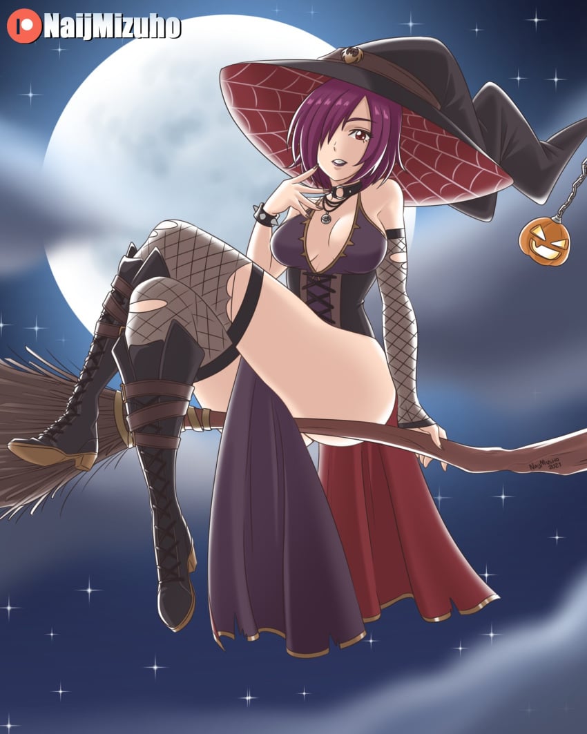 boots broom fire_emblem halloween_costume iolanda_(naijmizuho) naijmizuho oc original_character pinup purple_hair purple_lipstick red_eyes ripped_clothing short_hair stockings tagme witch witch_costume witch_hat