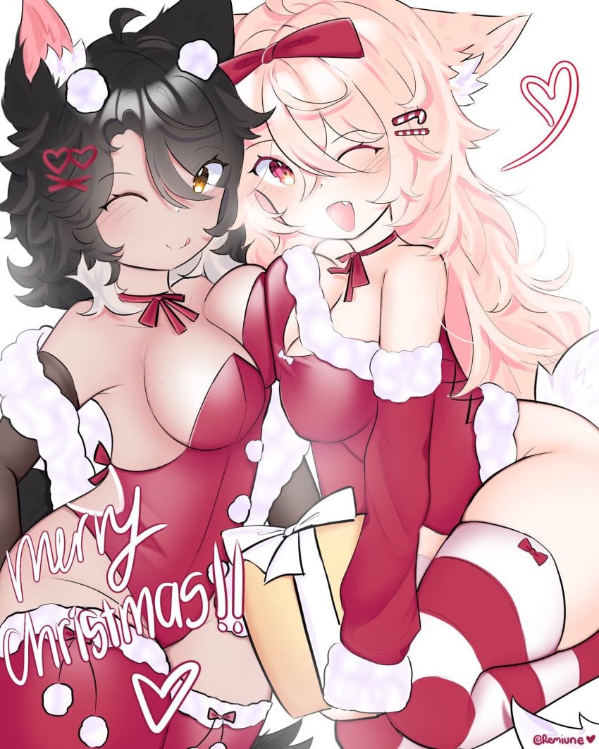 2girls black_hair breast_squish breasts christmas_outfit dark-skinned_female fluffy_tail fox_girl inviting pink_hair remiune teasing winking winking_at_viewer