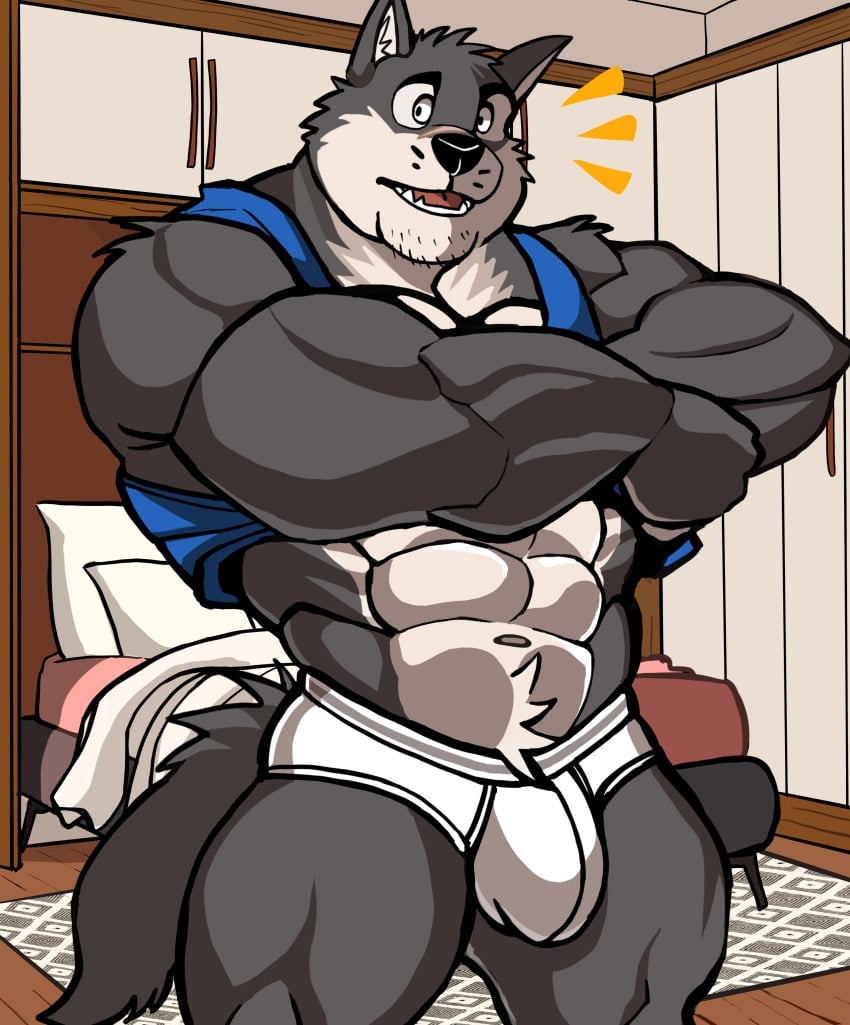 anthro balls bara barazoku bulge canine darknaigart flaccid furry male male_only muscles muscular penis solo solo_male underwear undressing wolf