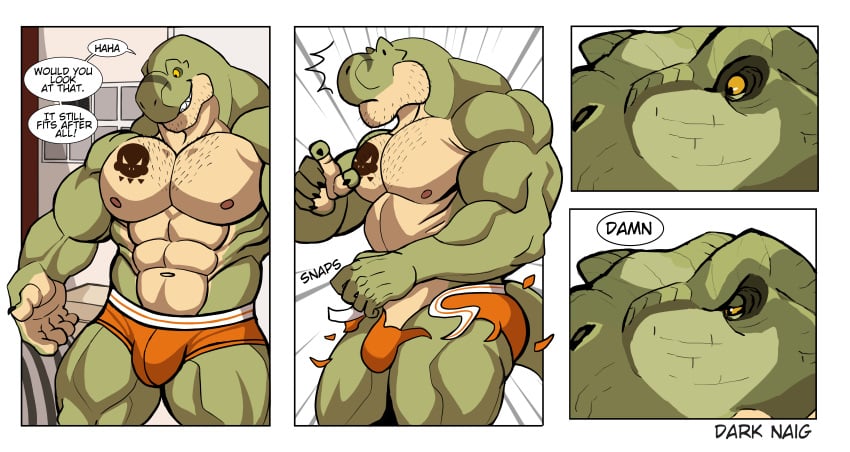 anthro balls bara barazoku bulge darknaigart dinosaur flaccid jace_(darknaig) male male_only muscles muscular penis ripped_clothing scalie solo solo_male speech_bubble tyrannosaurid tyrannosaurus tyrannosaurus_rex underwear underwear_only