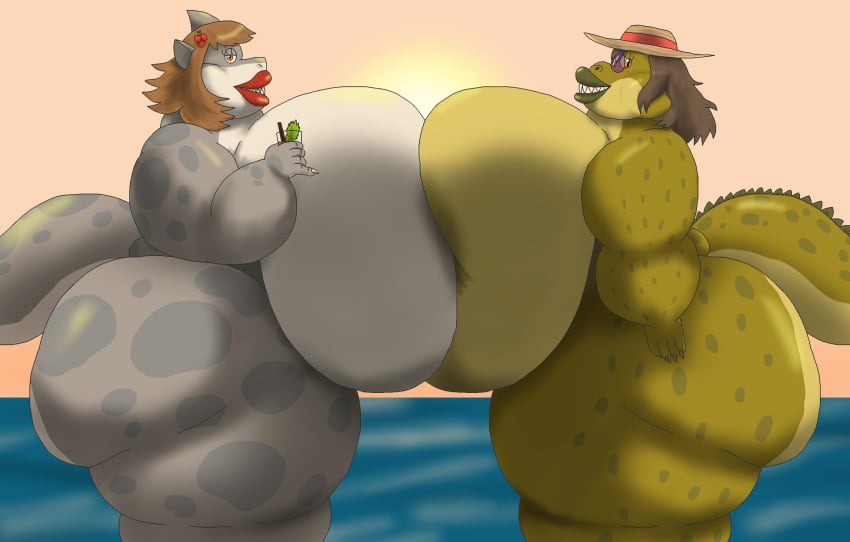 alcohol alythewolfcat anthro ass beverage big_breasts big_butt breast_squish breasts cocktail crocodile crocodilian duo female fish gustine_(vdisco) hi_res huge_breasts huge_butt hyper hyper_breasts lips marine morbidly_obese obese overweight overweight_female reptile scalie shark squish sun_hat_only sunset thick_lips wearing_sunglasses wide_hips