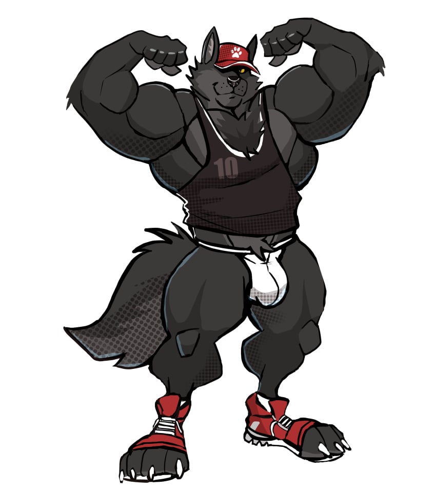 anthro balls bara barazoku bulge cap darknaigart flaccid flexing furry gay jockstrap male male_only muscles muscular pantsless penis solo solo_male underwear werewolf wolf